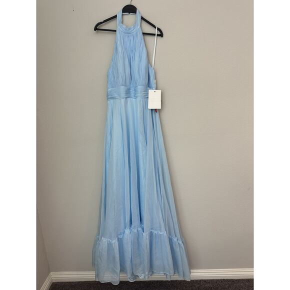Mac Duggal Light Blue Sleeveless Halter Neck Ruche Skirt Ruffle Dress Size 12 - Picture 1 of 9